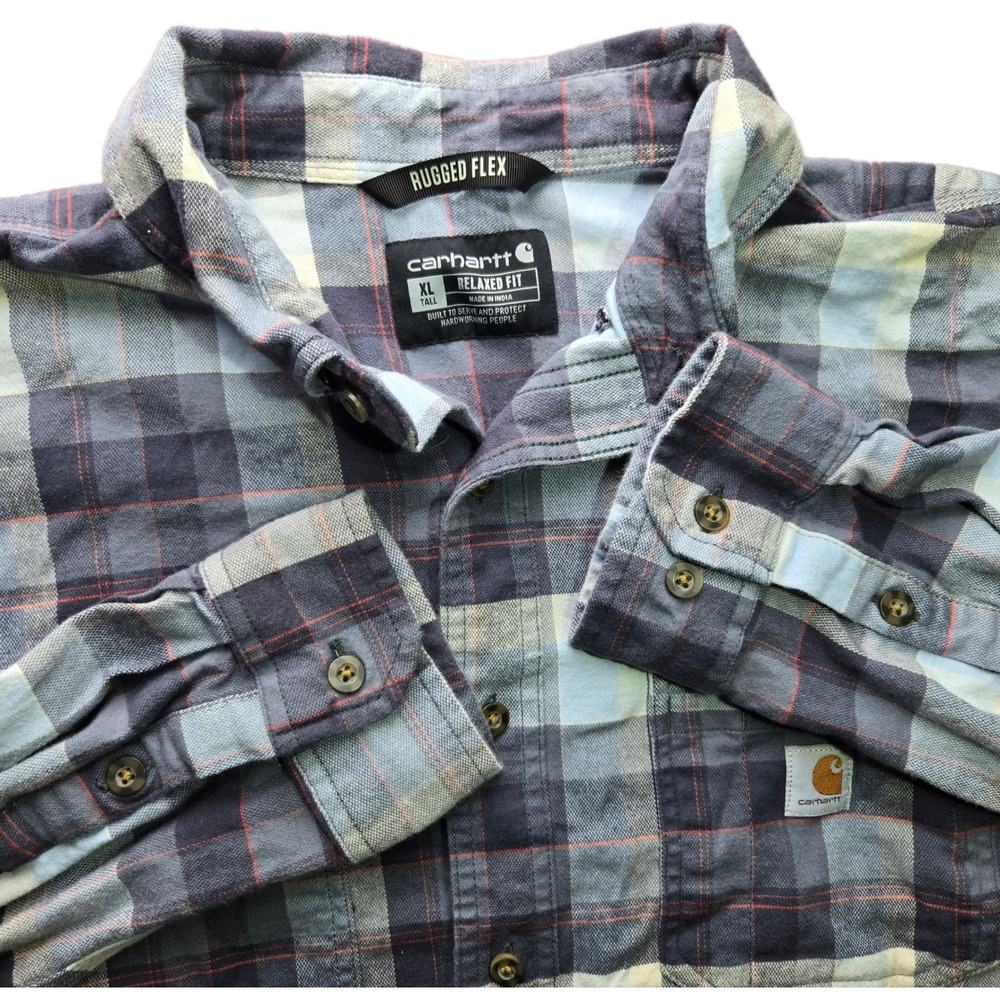 Carhartt Rugged Flex Flannel Shirt Mens XL Tall Relaxed Fit Plaid Blue